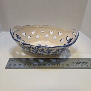 Vintage Delft Blue Hand Painted Holland Basket Dish Tray 6" Oval 2 Handled Heart